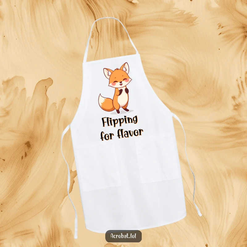 Funny apron showing a cheerful fox doing a playful handstand with its tail wagging, perfect for fun in the kitchen.