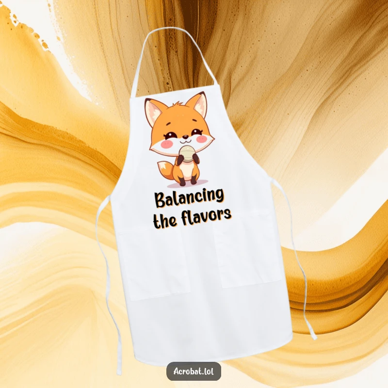 Funny fox apron featuring a playful fox with a wide grin balancing a tiny ball on its nose, perfect for humorous cooking.