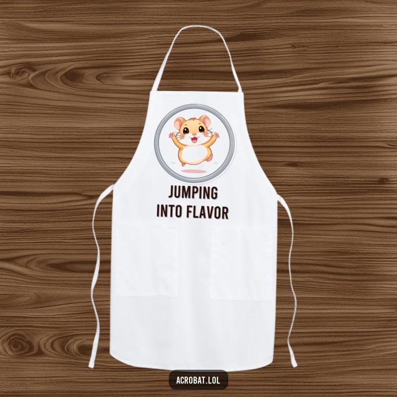 Funny hamster apron featuring an energetic hamster with wide eyes performing a hoop jump, perfect for a humorous kitchen and cooking experience.
