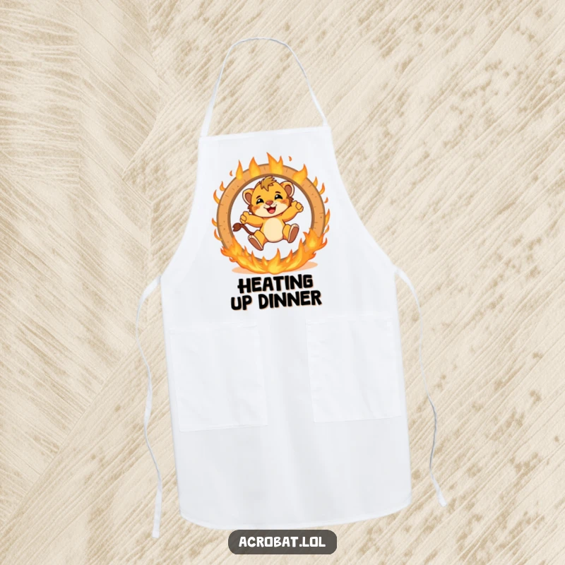 Funny lion cub apron featuring a brave cub jumping with excitement through a flaming ring, perfect for humorous and daring cooking.