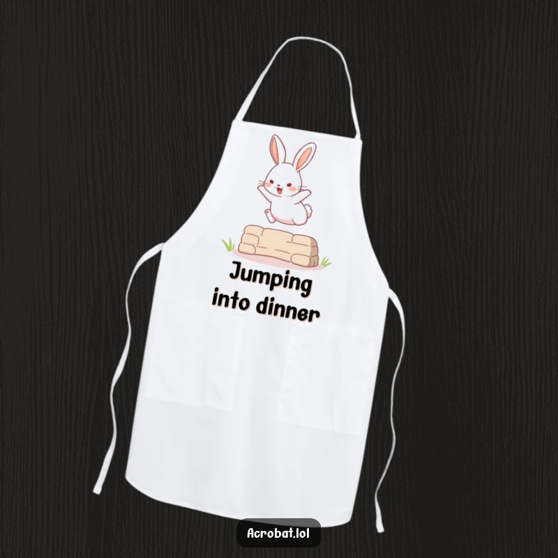 Funny apron showing a playful rabbit executing a high jump over a small obstacle, perfect for active cooks.