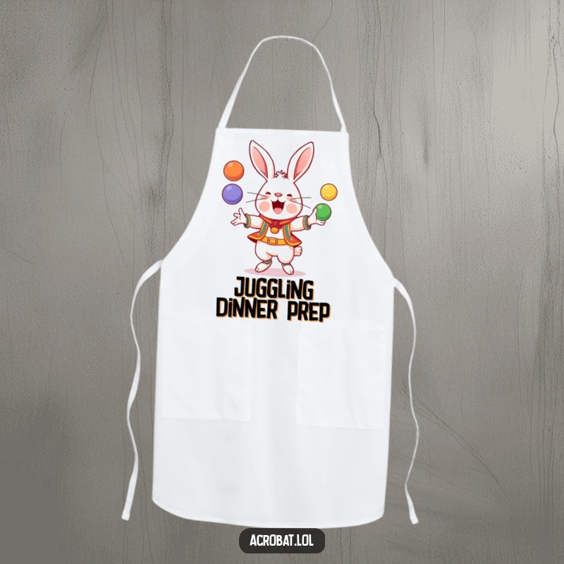Funny Rabbit Apron: A cheerful rabbit in athletic gear juggles colorful balls, making this apron a hilariously functional kitchen accessory.