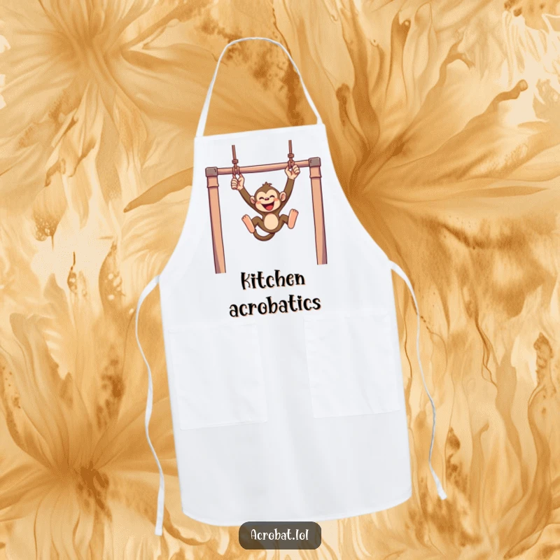 Funny monkey apron featuring a mischievous monkey swinging with joyful abandon from trapeze bars, perfect for humorous and playful cooking.