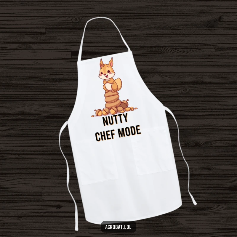 Funny apron with a curious squirrel delightedly balancing on a stack of acorns, ideal for kitchen fun and garden lovers.