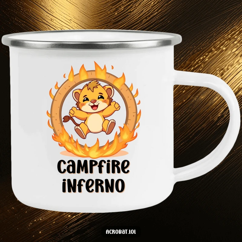 Funny lion cub camping mug showing a brave cub jumping with excitement through a flaming ring, a humorous and sturdy companion for bold journeys.