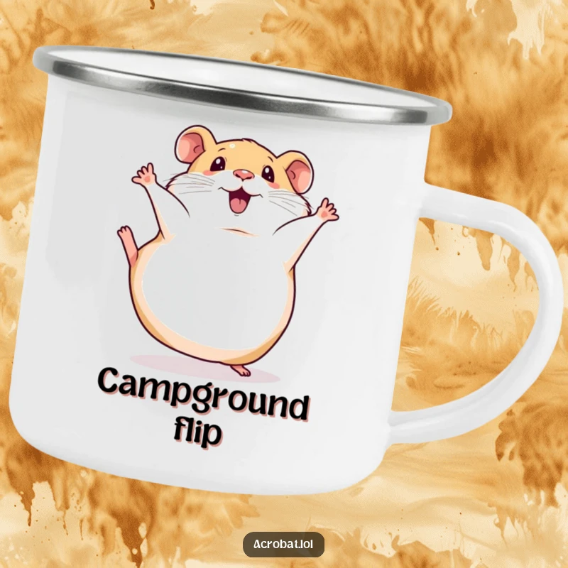 Funny camping mug depicting a squishy hamster in a comical somersault, ready for outdoor adventures and laughs.
