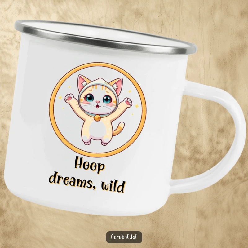 Funny Cat Camping Mug: A surprised cat in a sparkly costume leaps through a hoop, ready for campfire stories and laughter.