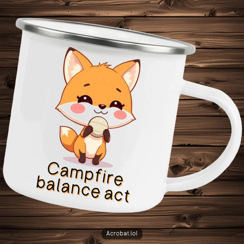 Funny fox camping mug showing a playful fox with a wide grin balancing a tiny ball on its nose, a humorous and sturdy outdoor companion.