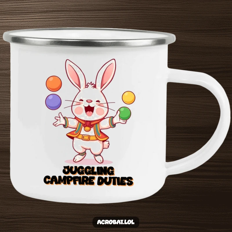 Funny Rabbit Camping Mug: A cheerful rabbit in athletic gear juggles colorful balls, ready for campfire stories and amusement.