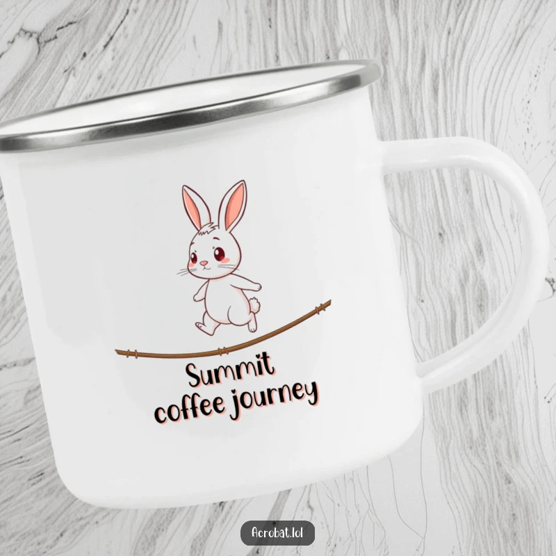 Funny rabbit camping mug showing a curious rabbit with a determined expression walking a tightrope, a humorous and sturdy companion for focused journeys.