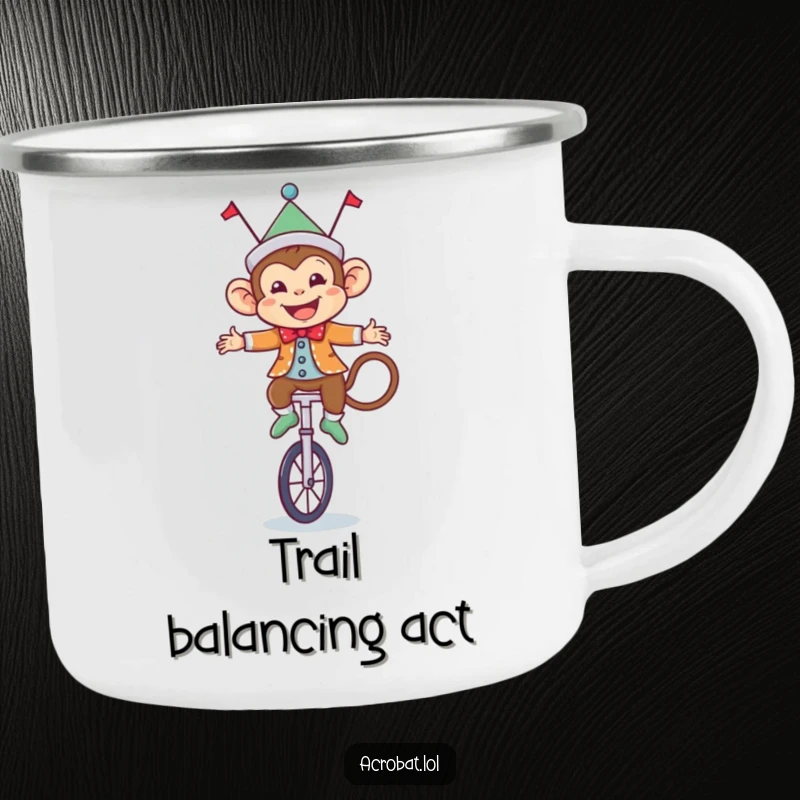 Funny Monkey Camping Mug: A happy circus monkey in a costume rides a unicycle, ready for campfire stories and laughter.