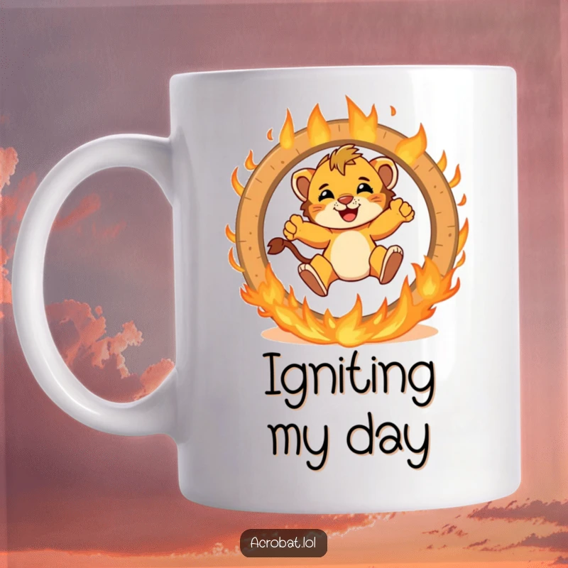 Funny lion cub mug showing a brave cub excitedly jumping through a flaming ring, a humorous depiction of courage and daring.