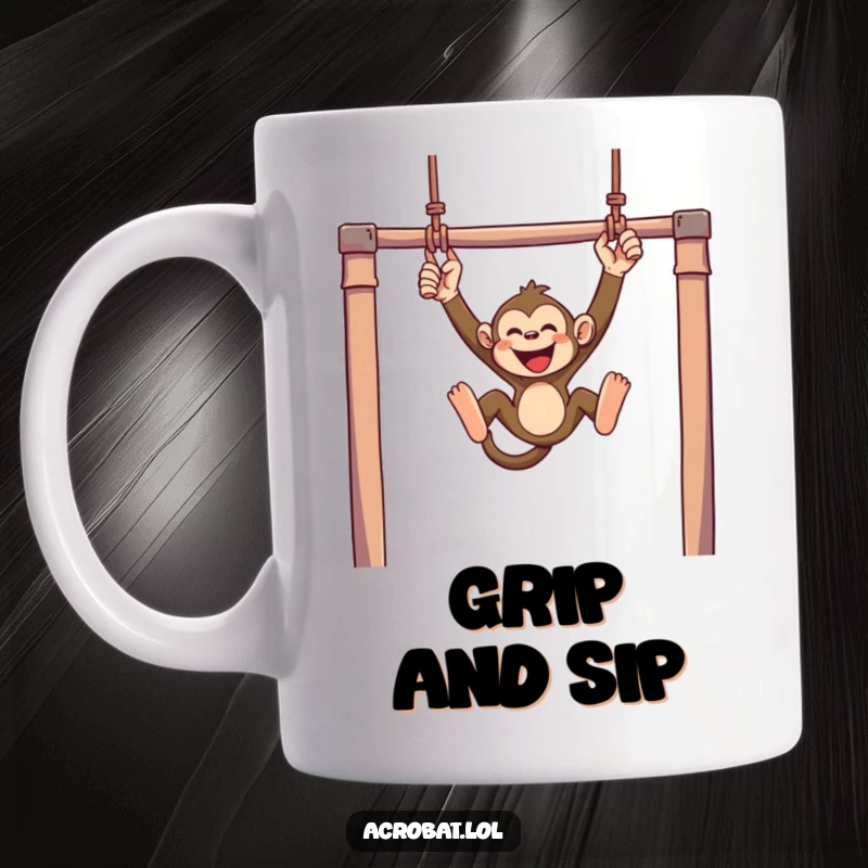 Funny monkey mug showing a mischievous monkey swinging joyfully from trapeze bars, a humorous depiction of freedom and fun.