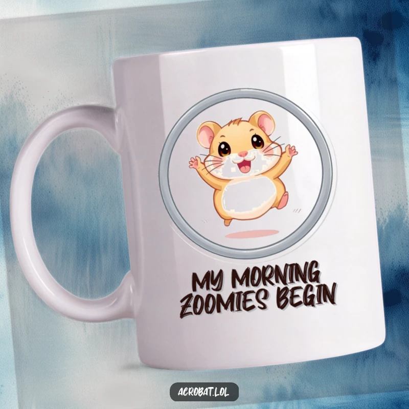 Funny hamster mug showing an energetic hamster with wide eyes leaping through a hoop, a thrilling and humorous scene for any animal lover.