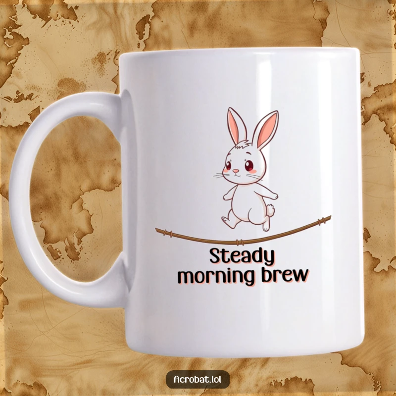 Funny rabbit mug showing a curious rabbit with a determined expression walking a tightrope, a humorous depiction of focus and balance.