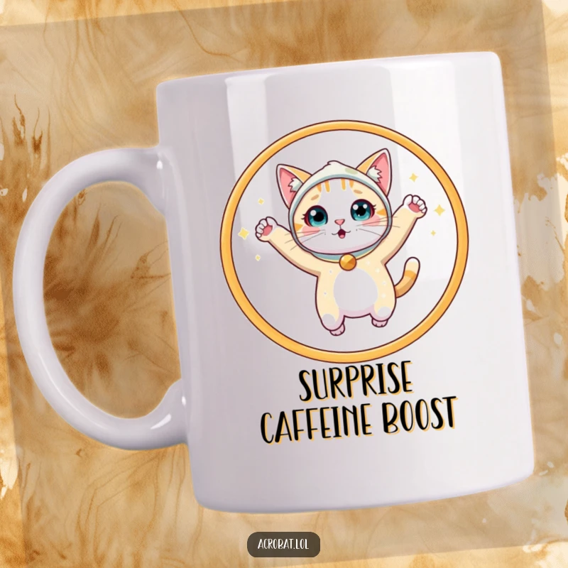 Funny Cat Mug: A cute, surprised cat in a sparkly costume leaps dramatically through a hoop, full of feline flair.