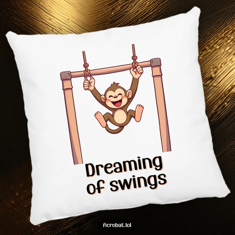 Funny monkey pillow showing a mischievous monkey swinging with joyful abandon from trapeze bars, offering humorous comfort and playful decor.