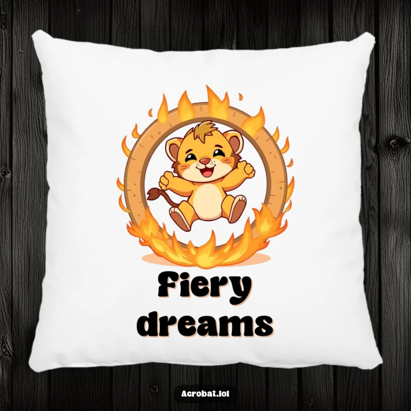 Funny lion cub pillow showing a brave cub jumping with excitement through a flaming ring, offering humorous comfort and adventurous decor.