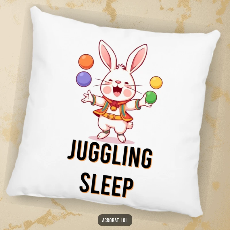 Funny Rabbit Pillow: A cheerful rabbit in acrobatic gear juggles colorful balls, offering a soft and humorous decorative piece.