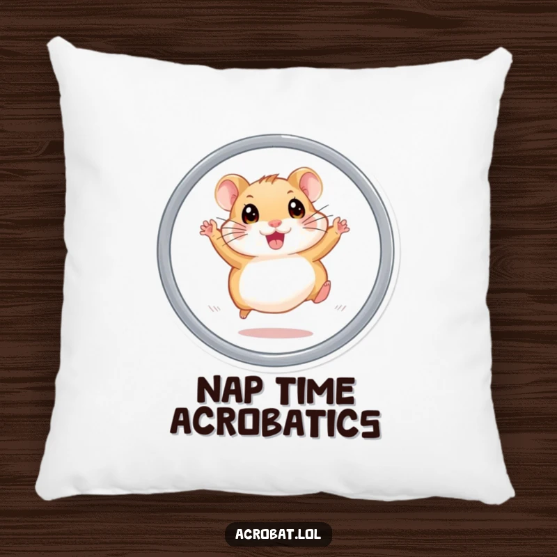 Funny hamster pillow showing an energetic hamster with wide eyes leaping through a hoop, offering humorous comfort and playful decor.
