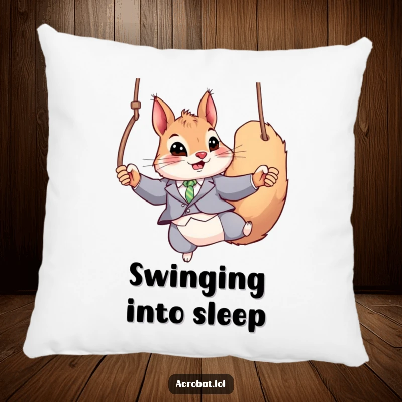 Funny Squirrel Pillow: A playful squirrel in a tight suit swings on gymnastic rings, offering a soft and humorous decorative piece.