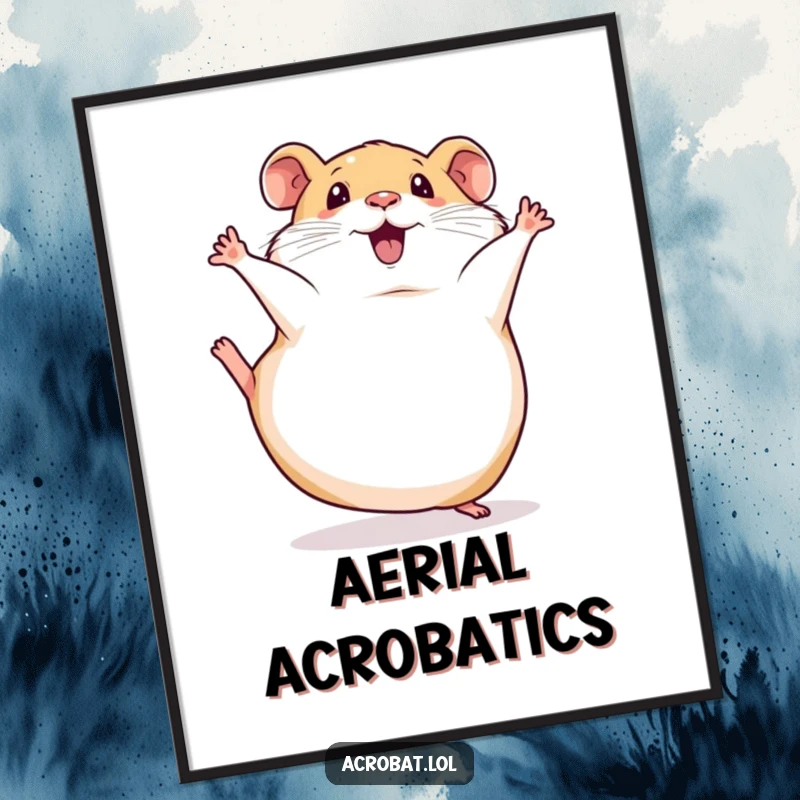 Funny digital art print of a squishy hamster performing a comical somersault, legs in the air, a burst of pet joy.