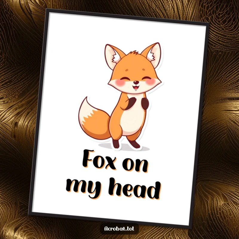 Funny digital art print of a cheerful fox performing a playful handstand with its tail wagging, full of acrobatic glee.