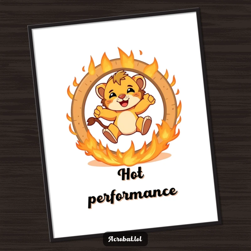 Funny lion cub digital art print of a brave cub jumping with excitement through a flaming ring, offering exciting and humorous visual appeal.