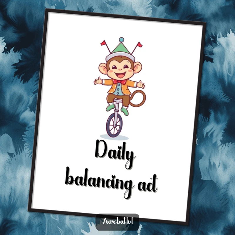 Funny Monkey Digital Art: A happy circus monkey in a colorful outfit expertly balances on a tiny unicycle, a joyful and vibrant print.