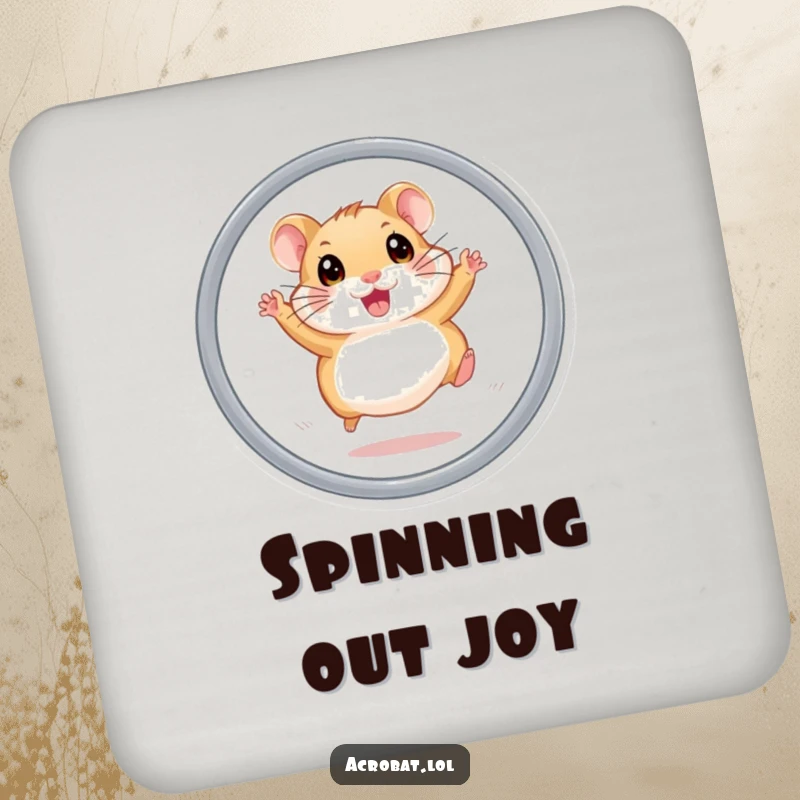Funny hamster drink coaster featuring an energetic hamster with wide eyes leaping through a hoop, a humorous and practical home accessory.