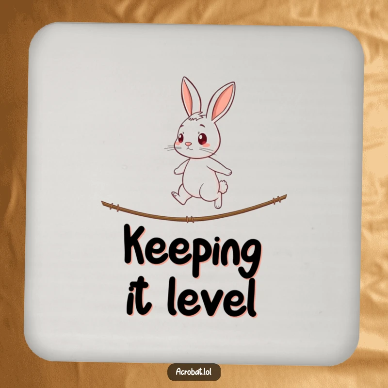 Funny rabbit drink coaster featuring a curious rabbit with a determined expression walking a tightrope, a humorous and practical home accessory.