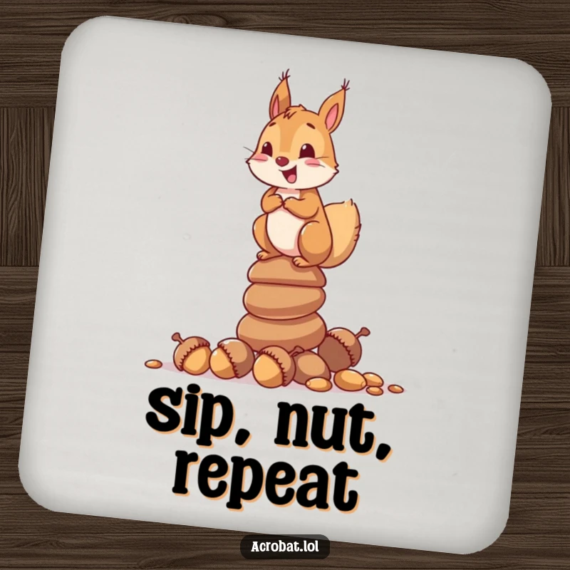 Funny drink coaster with a curious squirrel delightedly balancing on a stack of acorns, adding whimsical flair.