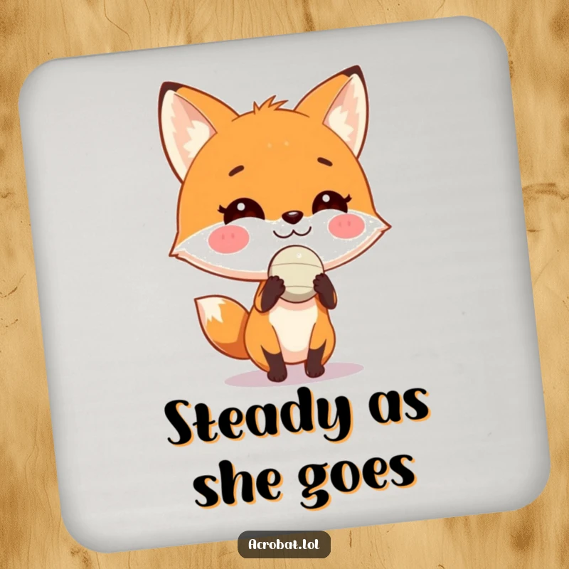 Funny fox drink coaster featuring a playful fox with a grin balancing a small ball on its nose, a humorous and practical home accessory.