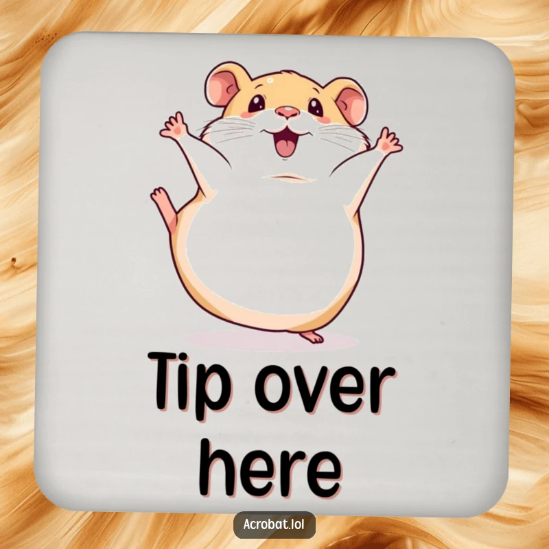 Funny drink coaster showcasing a squishy hamster in a hilarious somersault, protecting surfaces with comedic flair.