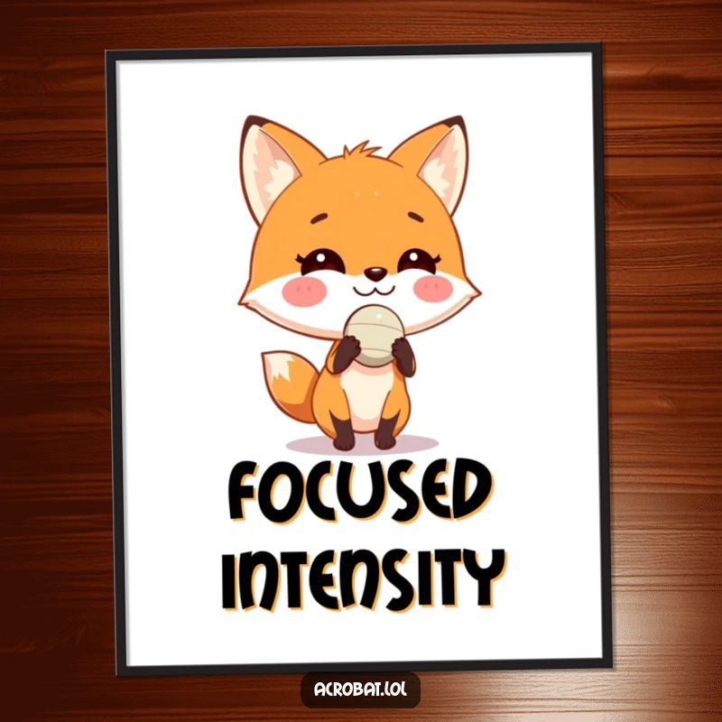 Funny fox poster depicting a playful fox with a wide grin balancing a tiny ball on its nose, a humorous and artistic wall decoration.