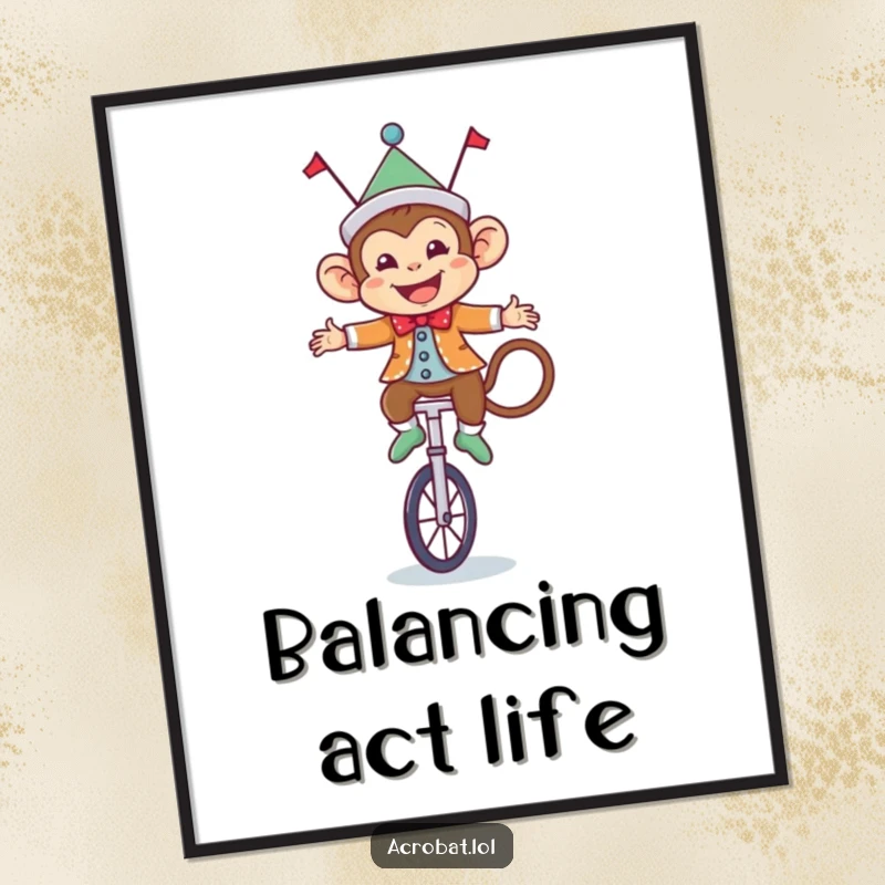 Funny Monkey Poster: A happy monkey in a circus costume expertly balances on a tiny unicycle, a vibrant and humorous artwork.