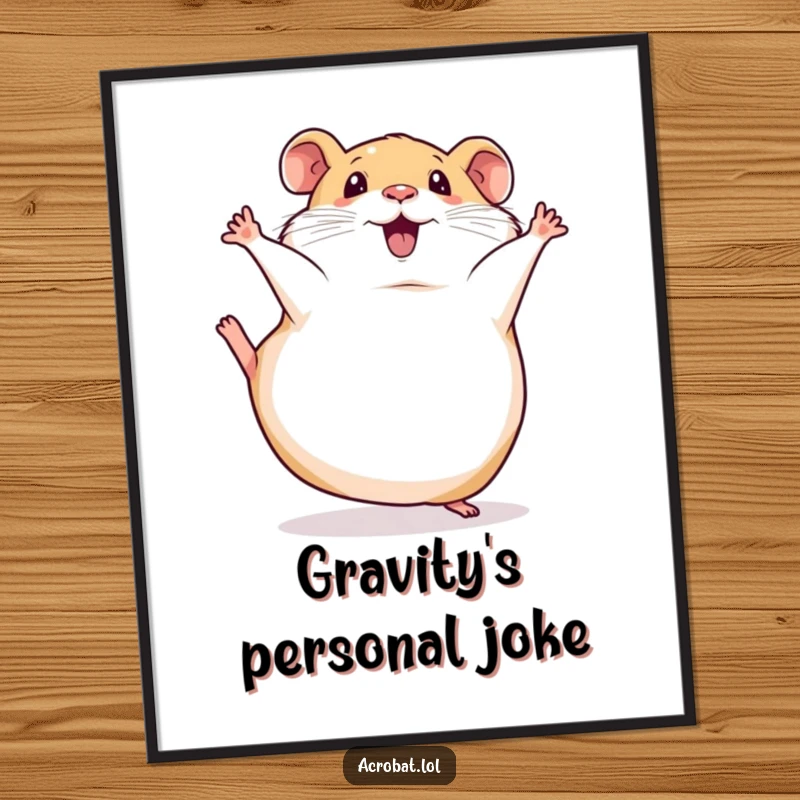 Funny poster: a squishy hamster hilariously performing a somersault, its legs up, a masterpiece of pet comedy.