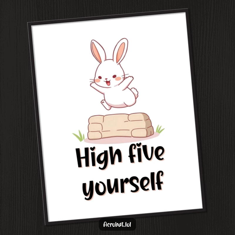 Funny poster depicting a playful rabbit performing a high jump over a small obstacle, capturing a moment of athletic prowess.