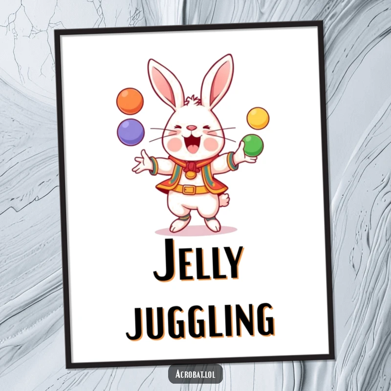 Funny Rabbit Poster: A cheerful rabbit in athletic gear is skillfully juggling several bright, colorful balls, exuding playful energy.