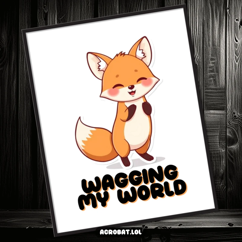 Funny poster: a cheerful fox performing a playful handstand with its tail wagging, a delightful display of acrobatic joy.
