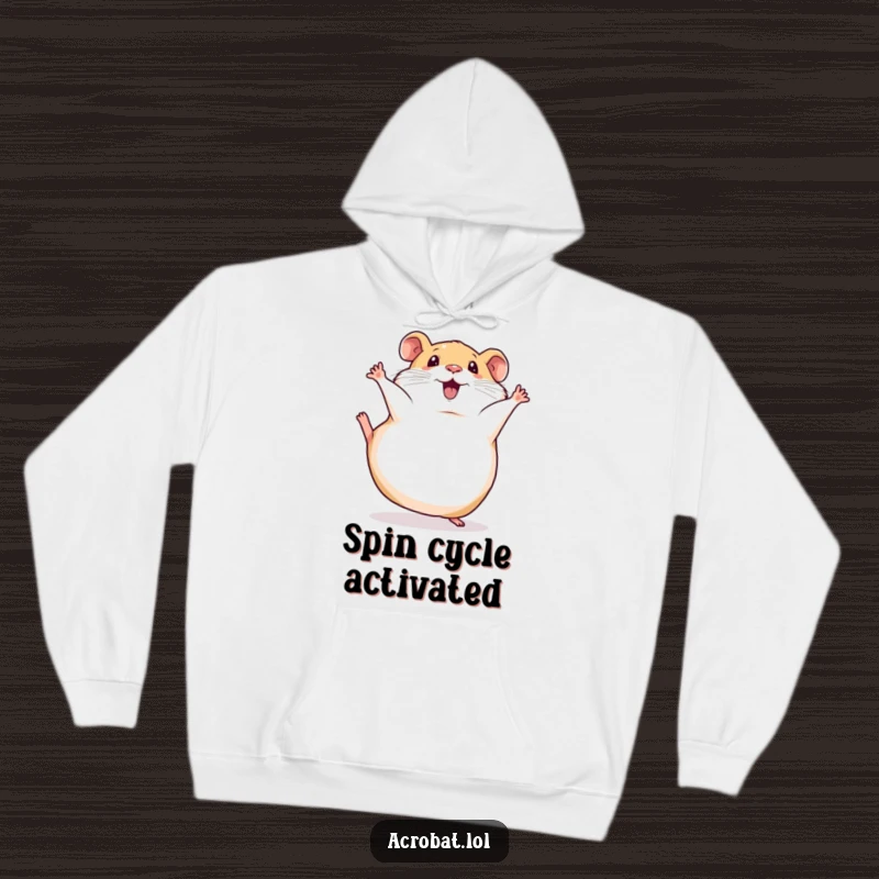 Funny hoodie displaying a squishy hamster attempting a hilarious somersault, capturing pure joy and a touch of silliness.