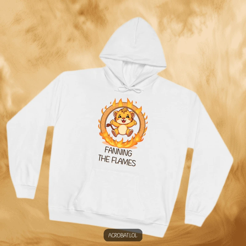 Funny lion cub hoodie showcasing a brave cub jumping with excitement through a flaming ring, offering humorous comfort and adventurous vibes.