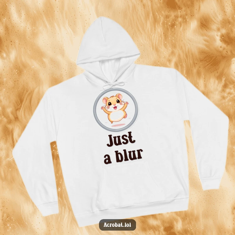 Funny hamster hoodie showcasing an energetic hamster with wide eyes performing a hoop jump, capturing a moment of pure, humorous joy.