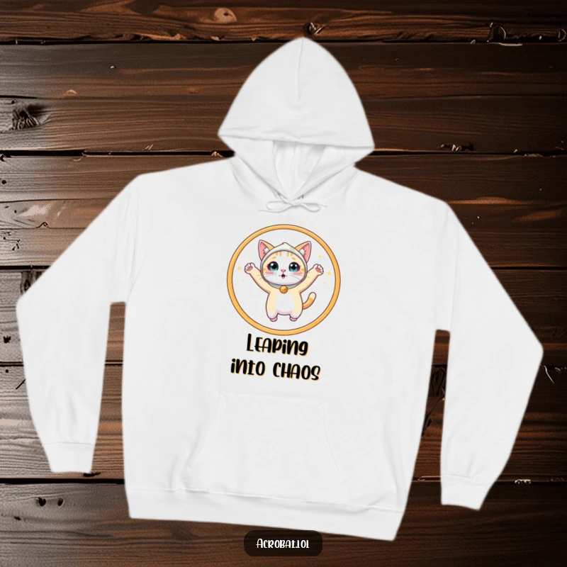 Funny Cat Hoodie: A cute and surprised cat adorned in a sparkly costume leaps through a hula hoop, offering warmth and humor.