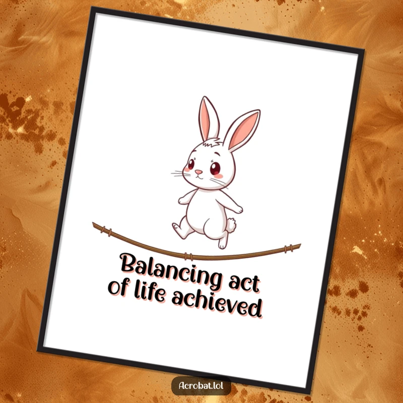 Funny Free Printable Wall Art: A curious rabbit walking a tightrope with a highly determined and focused expression.