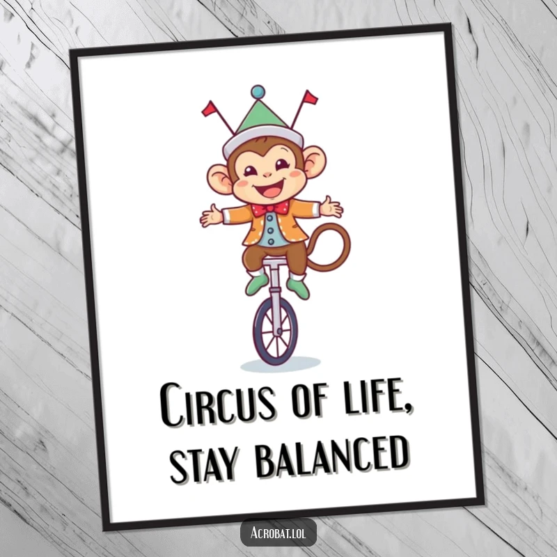 Funny Free Printable Wall Art: A delighted circus monkey performing a unicycle balancing act, perfect for giggles.