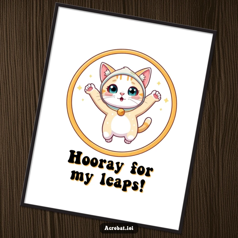 Funny Free Printable Wall Art: A cute cat in a sparkly costume, surprised as it leaps through a shining hoop.