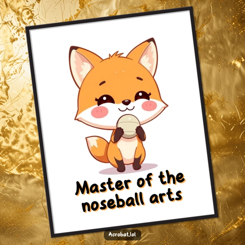 Funny Free Printable Wall Art: A playful fox with a wide grin skillfully balancing a tiny ball on its nose.