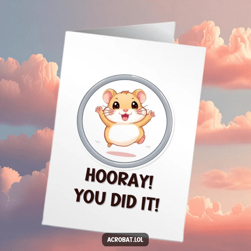Funny Free Printable Birthday Card featuring an energetic hamster leaping through a hoop with wide, excited eyes.