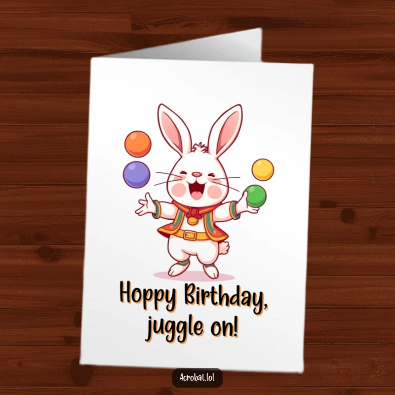 Funny Free Printable Birthday Card: A happy rabbit in acrobatic attire, skillfully juggling multiple colorful balls.